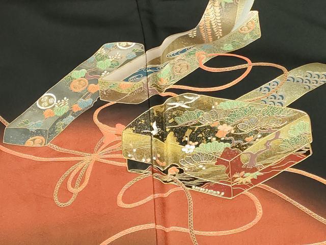 平和屋着物▼豪華黒留袖　螺鈿　花鳥文箱文　暈し染め　金彩　ロング丈　正絹　逸品　DABI5146op