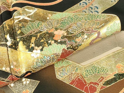 平和屋着物▼豪華黒留袖　螺鈿　花鳥文箱文　暈し染め　金彩　ロング丈　正絹　逸品　DABI5146op