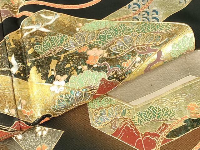 平和屋着物▼豪華黒留袖　螺鈿　花鳥文箱文　暈し染め　金彩　ロング丈　正絹　逸品　DABI5146op