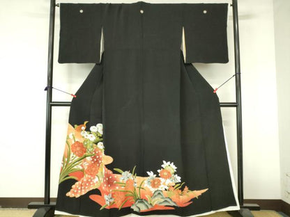 平和屋着物▼豪華黒留袖　刺繍　孔雀花文　金彩　正絹　逸品　DABI5153op