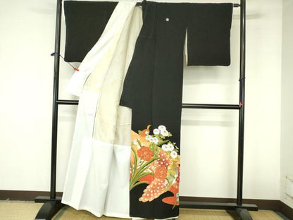 平和屋着物▼豪華黒留袖　刺繍　孔雀花文　金彩　正絹　逸品　DABI5153op