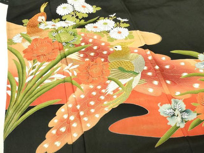 平和屋着物▼豪華黒留袖　刺繍　孔雀花文　金彩　正絹　逸品　DABI5153op