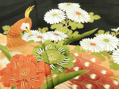 平和屋着物▼豪華黒留袖　刺繍　孔雀花文　金彩　正絹　逸品　DABI5153op