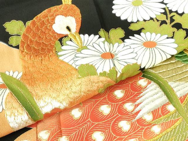 平和屋着物▼豪華黒留袖　刺繍　孔雀花文　金彩　正絹　逸品　DABI5153op