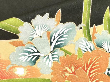 平和屋着物▼豪華黒留袖　刺繍　孔雀花文　金彩　正絹　逸品　DABI5153op