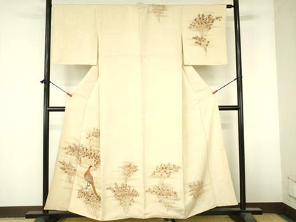 平和屋着物▼訪問着　手描き　尾長鳥　草葉文　暈し染め　正絹　逸品　DABI5160op