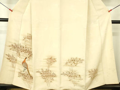 平和屋着物▼訪問着　手描き　尾長鳥　草葉文　暈し染め　正絹　逸品　DABI5160op