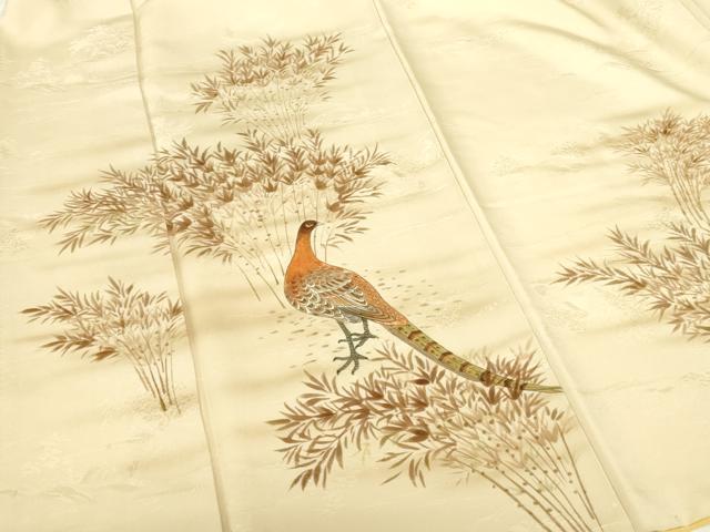 平和屋着物▼訪問着　手描き　尾長鳥　草葉文　暈し染め　正絹　逸品　DABI5160op
