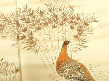 平和屋着物▼訪問着　手描き　尾長鳥　草葉文　暈し染め　正絹　逸品　DABI5160op