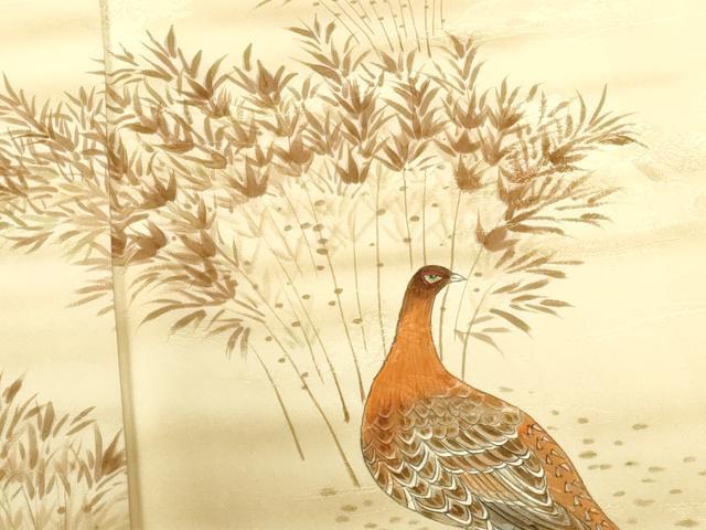 平和屋着物▼訪問着　手描き　尾長鳥　草葉文　暈し染め　正絹　逸品　DABI5160op