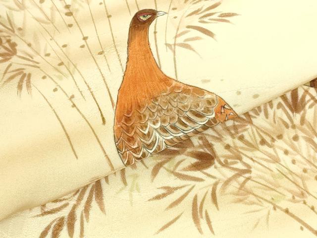 平和屋着物▼訪問着　手描き　尾長鳥　草葉文　暈し染め　正絹　逸品　DABI5160op