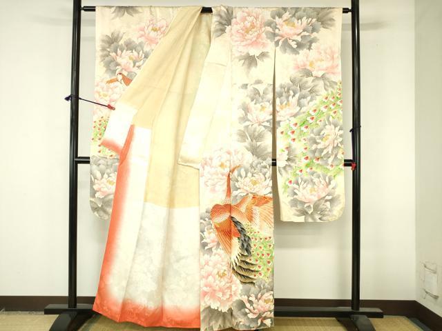 平和屋着物▼豪華振袖　駒刺繍　孔雀花文　暈し染め　金彩　正絹　逸品　DABI5161op