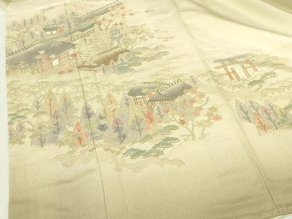 平和屋着物▼中国三大刺繍　スワトウ刺繍　汕頭刺繍　総刺繍　訪問着　風景花文　暈し染め　正絹　逸品　DABI5162op