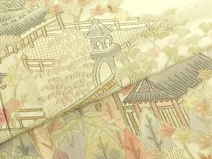 平和屋着物▼中国三大刺繍　スワトウ刺繍　汕頭刺繍　総刺繍　訪問着　風景花文　暈し染め　正絹　逸品　DABI5162op