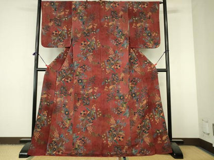 平和屋着物●上質な小紋　更紗花文　鬼しぼ縮緬　ロング丈　正絹　逸品　DABI5170op