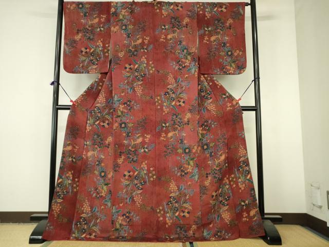 平和屋着物●上質な小紋　更紗花文　鬼しぼ縮緬　ロング丈　正絹　逸品　DABI5170op