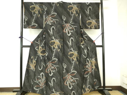 平和屋着物●上質な小紋　寿光織　抽象文様　黒地　金糸　正絹　逸品　DABI5175op