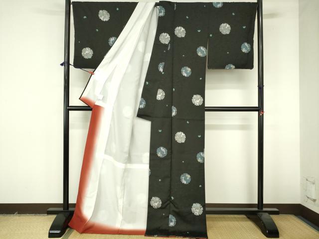 平和屋着物●小紋　雪輪花文　鹿　シカ　黒地　ロング丈　洗える着物　未使用　DABI5177op
