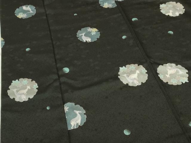 平和屋着物●小紋　雪輪花文　鹿　シカ　黒地　ロング丈　洗える着物　未使用　DABI5177op
