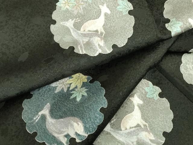 平和屋着物●小紋　雪輪花文　鹿　シカ　黒地　ロング丈　洗える着物　未使用　DABI5177op