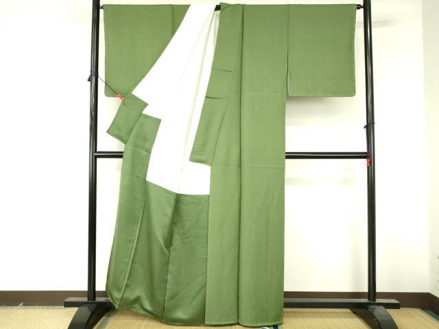 平和屋着物●上質な色無地　抽象地紋　草色　正絹　逸品　未使用　DABI5181op