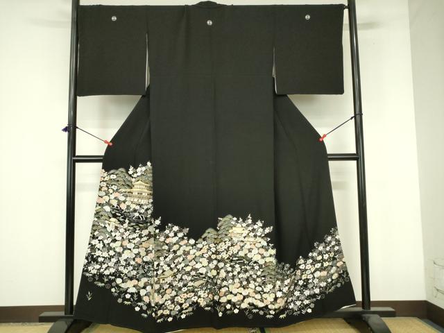 平和屋着物●豪華黒留袖　総刺繍　風景花文　金糸　正絹　逸品　DABI5188op