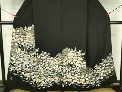 平和屋着物●豪華黒留袖　総刺繍　風景花文　金糸　正絹　逸品　DABI5188op