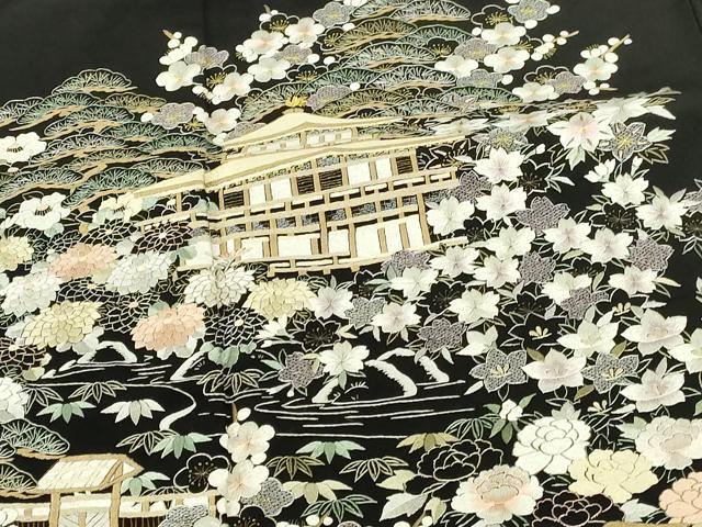 平和屋着物●豪華黒留袖　総刺繍　風景花文　金糸　正絹　逸品　DABI5188op