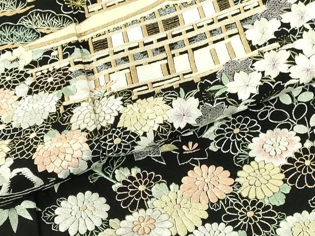 平和屋着物●豪華黒留袖　総刺繍　風景花文　金糸　正絹　逸品　DABI5188op