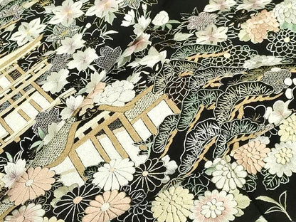 平和屋着物●豪華黒留袖　総刺繍　風景花文　金糸　正絹　逸品　DABI5188op
