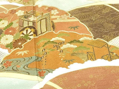 平和屋着物●訪問着　駒刺繍　御所車雪輪花松文　金彩　正絹　逸品　DABI5195op