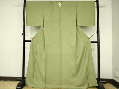 平和屋着物●上質な色無地　舞花地紋　苗色　ロング丈　正絹　逸品　DABI5214op