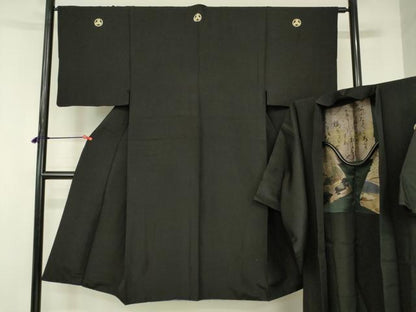 平和屋着物●男性 黒紋付・羽織セット 正絹 逸品 DABI5221op