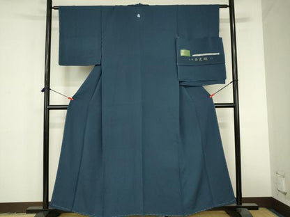 平和屋着物●上質な色無地　草木染　寿光織　青藍色　反端付き　正絹　逸品　未使用　DABI5228op
