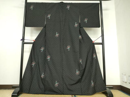 平和屋着物●上質な紬　サーカス　ピエロ　黒地　正絹　逸品　DABI5238op