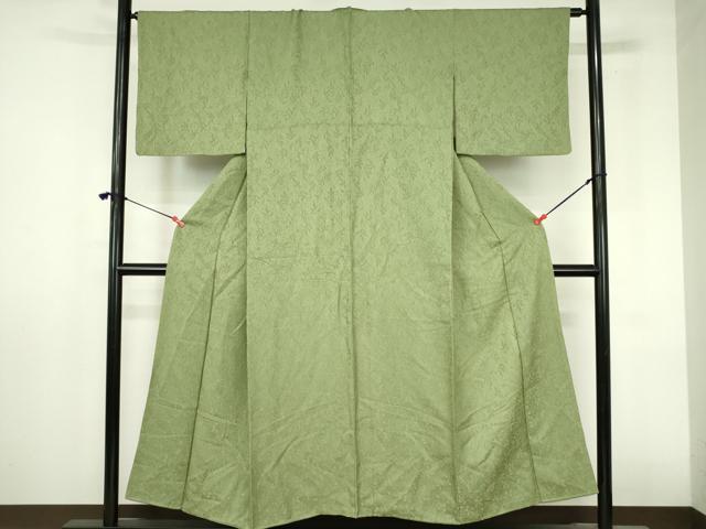 平和屋着物●上質な色無地　南天地紋　松葉色　正絹　逸品　DABI5258op