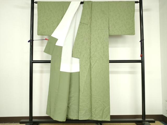 平和屋着物●上質な色無地　南天地紋　松葉色　正絹　逸品　DABI5258op