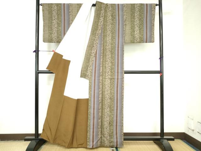 平和屋着物●上質な小紋　紬地　型染　花蝶間道　正絹　逸品　DABI5260op