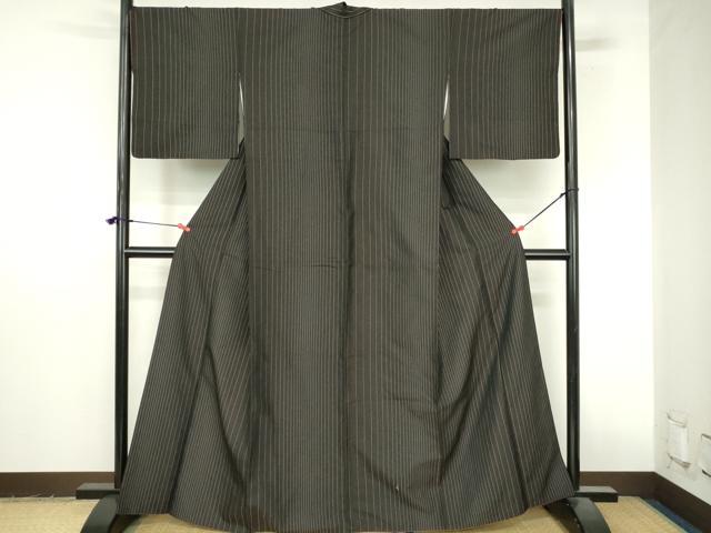 平和屋着物●上質なお召　間道　黒地　正絹　逸品　DABI5261op