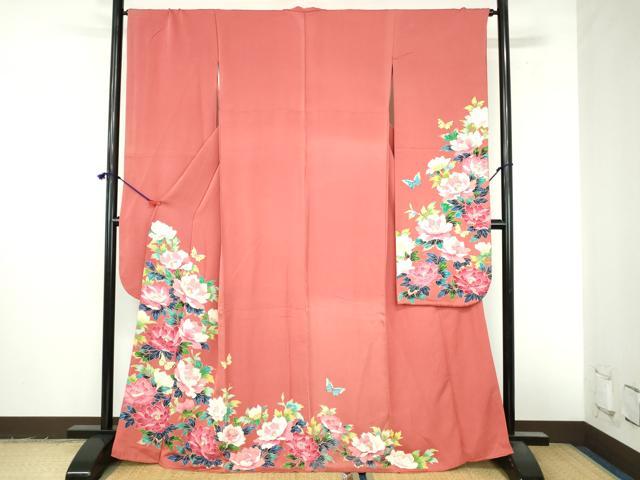 平和屋着物●豪華振袖　友禅　舞蝶牡丹文　正絹　逸品　DABI5269op
