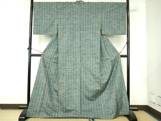 平和屋着物●上質な紬　花織　変わり格子　正絹　逸品　DABI5306op