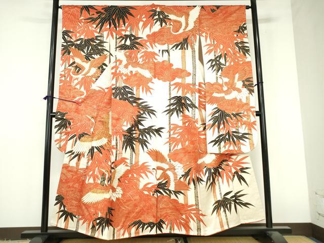 平和屋着物▼豪華振袖　駒刺繍　笹竹飛鶴花文　金彩　金通し地　正絹　逸品　DABI5325op