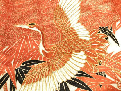 平和屋着物▼豪華振袖　駒刺繍　笹竹飛鶴花文　金彩　金通し地　正絹　逸品　DABI5325op