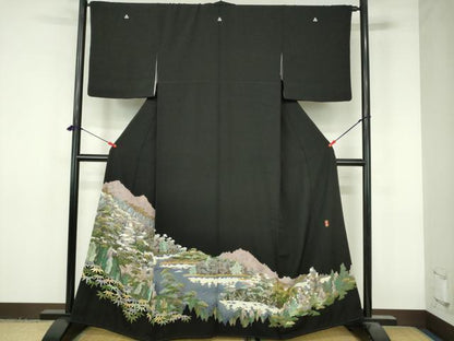 平和屋着物▼豪華黒留袖　作家物　刺繍　風景文　正絹　逸品　DABI5328op