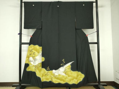 平和屋着物▼豪華黒留袖　刺繍　枝葉に尾長鳥　暈し染め　金銀糸　正絹　逸品　DABI5352op