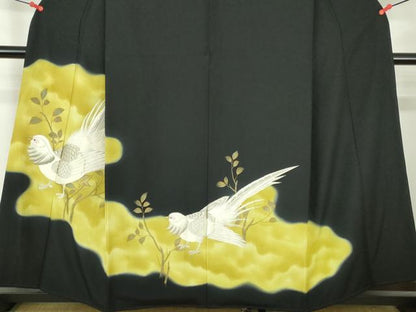 平和屋着物▼豪華黒留袖　刺繍　枝葉に尾長鳥　暈し染め　金銀糸　正絹　逸品　DABI5352op