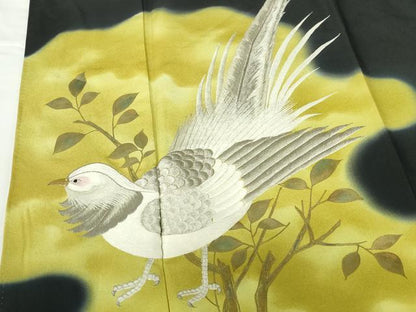 平和屋着物▼豪華黒留袖　刺繍　枝葉に尾長鳥　暈し染め　金銀糸　正絹　逸品　DABI5352op