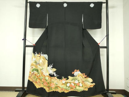 平和屋着物▼豪華黒留袖　刺繍　尾長鳥花文　金銀糸　正絹　逸品　DABI5353op