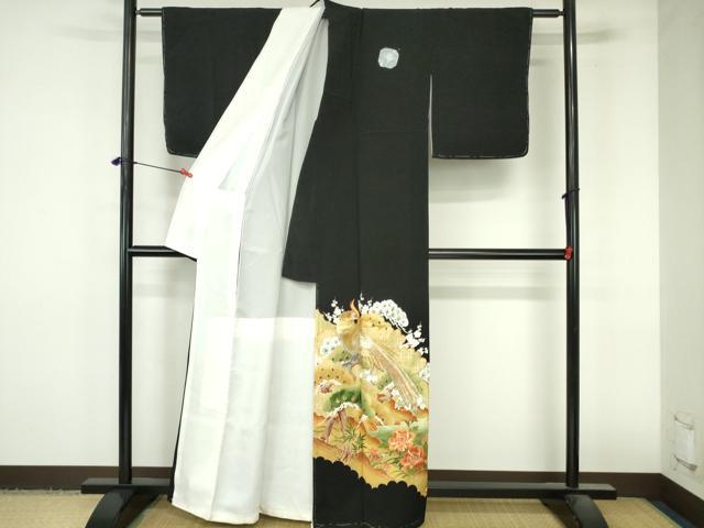 平和屋着物▼豪華黒留袖　刺繍　尾長鳥花文　金銀糸　正絹　逸品　DABI5353op