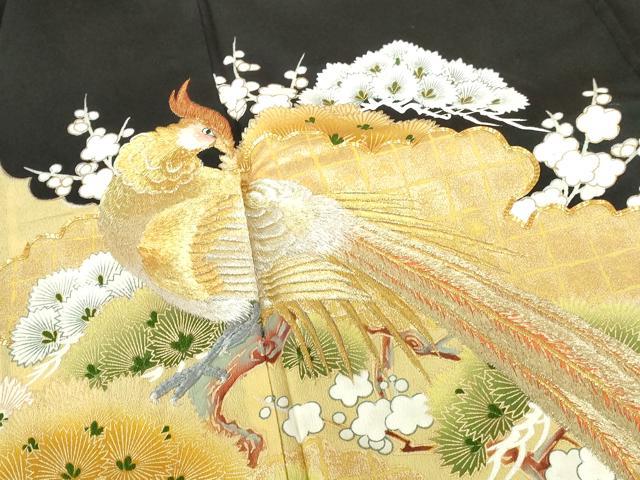 平和屋着物▼豪華黒留袖　刺繍　尾長鳥花文　金銀糸　正絹　逸品　DABI5353op